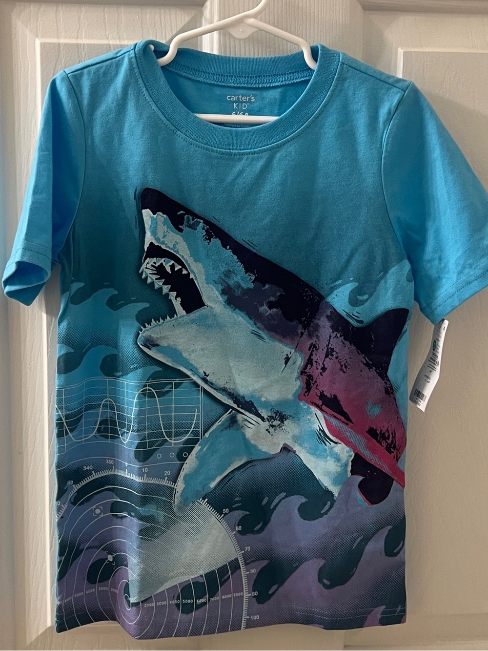 Carter’s Kids Blue Shark Graphic Short Sleeve Cotton T-Shirt Sz 6 New W/tag